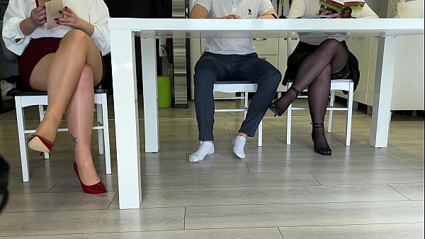 Girlfriend Stockings Handjob under the table next to the Teacher