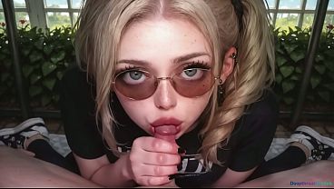 Blonde slut takes a hard cock down her throat in the park [AI]