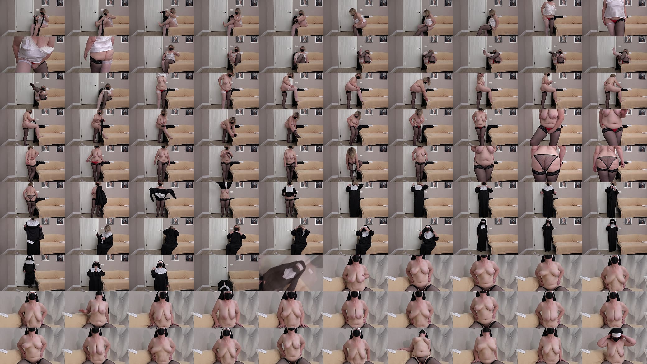 A mature nun with a big ass puts on her strict uniform and sexy lingerie under her dress. Foot fetish with nylon stockings. Saggy tits of a curvy milf. PAWG. 预览图