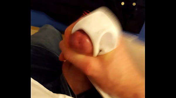 Huge cumshot into ripped white shirt cuffs, double cum