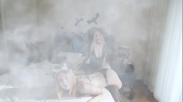 Halloween Threesome with Witch and Slutty Kitty - Creampie Sex