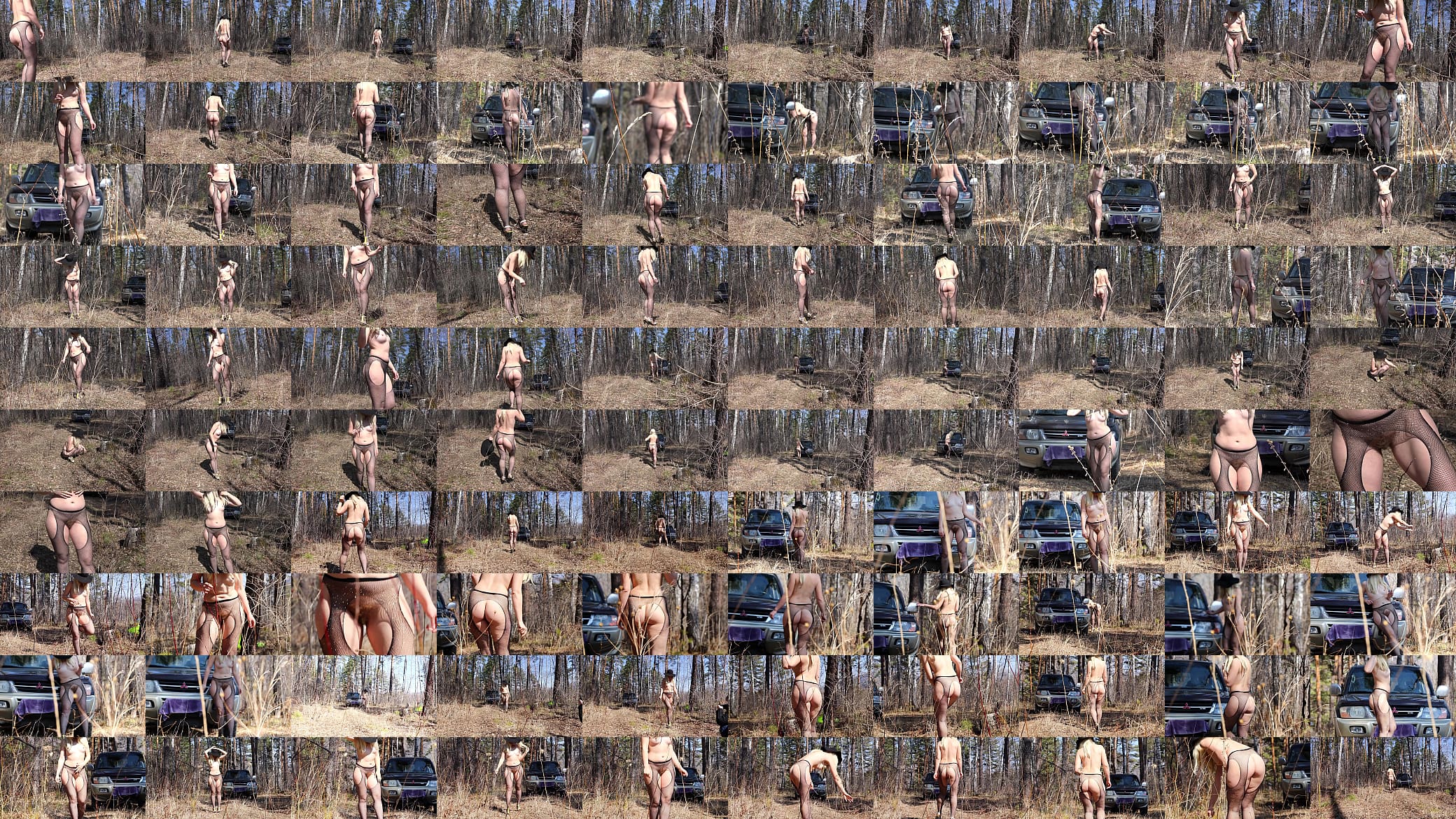 A naked blonde with a juicy PAWG, hairy pussy, and beautiful legs in pantyhose walk outdoor. Exhibitionism and foot fetish on nature. 预览图