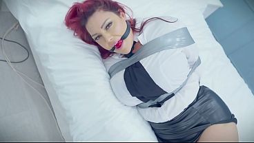 Rara & Lacey - Tied and wrapgagged in tight tape bondage as secretaries wearing leather pants totally helpless struggling