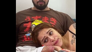 Hot redhead roommate lies in nerd's lap while watching a movie and sucks him off until he cums hard on her face!