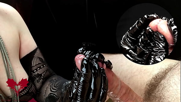 Slow and sensitive handjob with black latex gloves