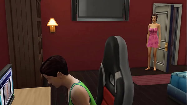 Step-Mom catches her Step-son masturbating in front of the computer and helps her stepson have sex for the first time