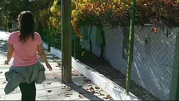 Horny brunette suck my dick in the street, risky outdoors