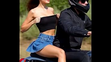 バイクに乗った男性が魅力的なブルネットの女性と出会う - AI生成