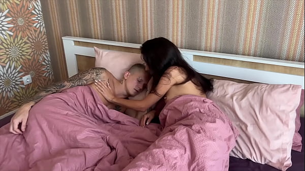Morning surprise for a young cuckold from his whore wife. Two cocks in her tight pussy