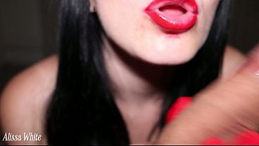 POV. Sensual Licking of the Glans from Brunette with Hot Red Lips. Close Up.