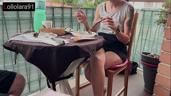 Lara eats meat, then fucks – blowjob and creampie on the couch