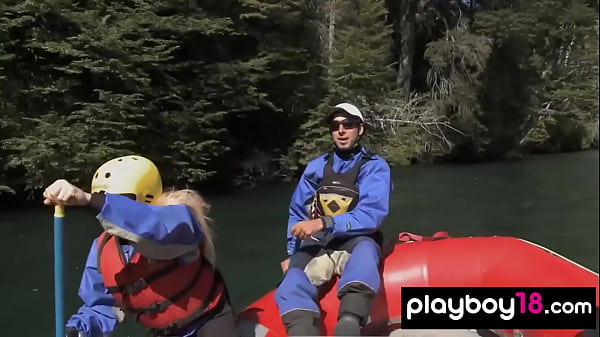 Four skinny beauties introduces their huge boobs by the river outdoor