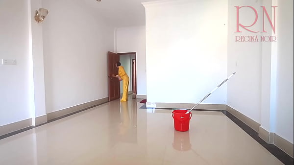 Naked maid cleans office space. Maid without panties. Hall  full
