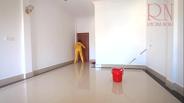 Naked maid cleans office space. Maid without panties. Hall  full
