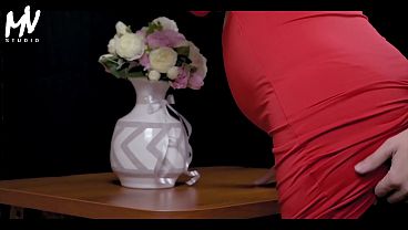 MarVal - Pregnant wife in red dress and stockings cheating. Loreen Red & Vali Savage