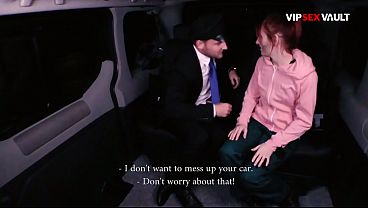 Ponytail Redhead Goes Topless in a Moving Van Then Swallows His Dick