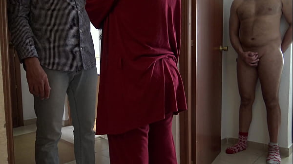 Horny cuckold wife sucking the delivery guy while husband is watching