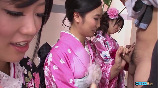 Multiple asian women cosplay in flowery kimono fashion for the benefit of group sex attraction