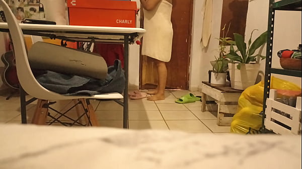 Chubby pregnant wife putting on a thong