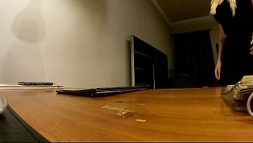Amazingly beautiful big tits secretary in long slit dress ignores her boss while he masturbates on her