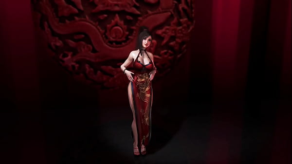 Sexy oiled Tifa Lockhart in revealing red dress shamelessly dancing pantyless