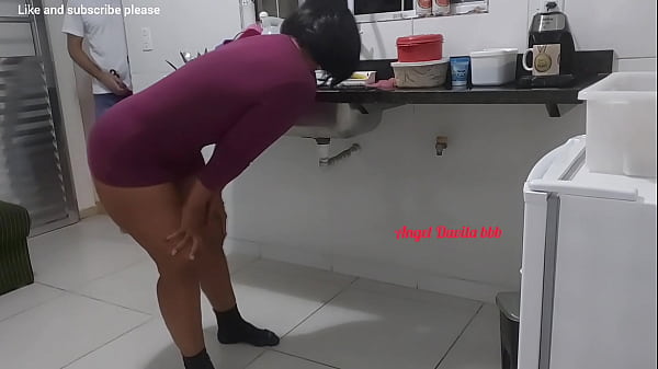 stepmother realized she was being watched and teased her until she had sex with the guy and her husband almost caught her