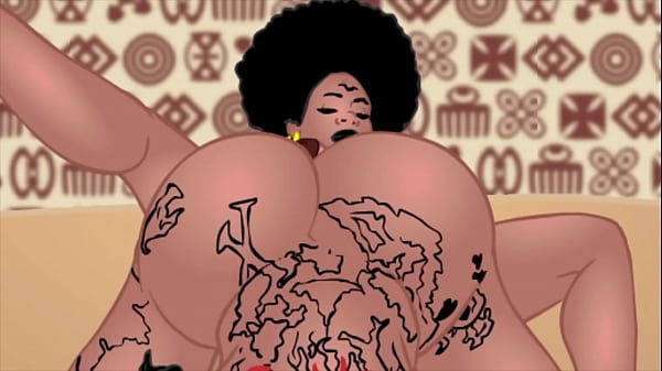 Pussy licking Lesbians eat and fuck each other's black bubble butts with a big double dildo in an ebony cartoon fantasy