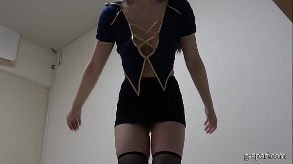 Natural Tits Japanese girl changes from flight attendant uniform into micro bikini