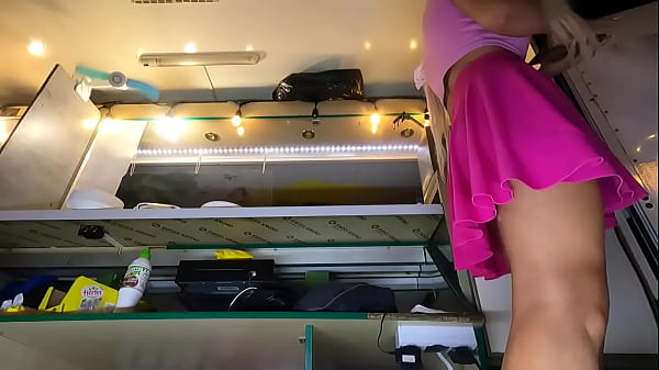 Sexy babe in pink dress with no panties at work - pov