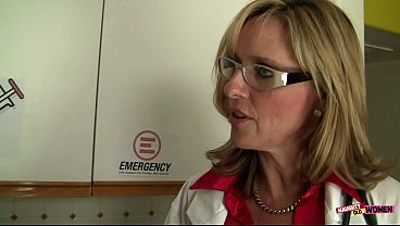 Slutty doctor Jodi West takes care of her patients cock after he licks her tits