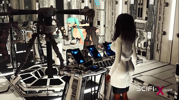 Sex in a spaceship. Space busty girl in cuffs gets fucked hard by sex robot in the lab