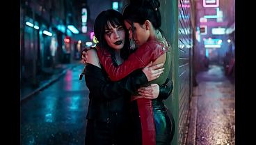 Panam Palmer from Cyberpunk 2077 in a passionate lesbian kissing scene, drooling with Nyx Loops - AI Generated