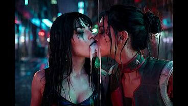 Panam Palmer from Cyberpunk 2077 in a passionate lesbian kissing scene, drooling with Nyx Loops - AI Generated