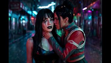 Panam Palmer from Cyberpunk 2077 in a passionate lesbian kissing scene, drooling with Nyx Loops - AI Generated