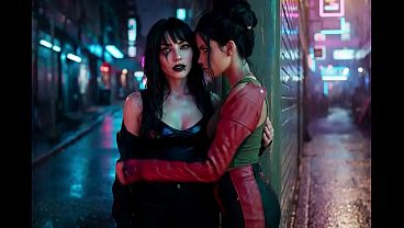 Panam Palmer from Cyberpunk 2077 in a passionate lesbian kissing scene, drooling with Nyx Loops - AI Generated