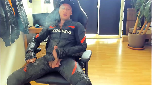 Download Video - Jerk-off and cumshot in dirty biker leather while smoking