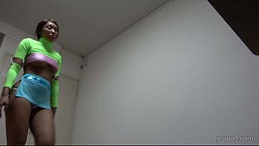Tanned natural tits Japanese girl takes off no bra mini tank top, micro mini skirt, and thong panties and becomes naked