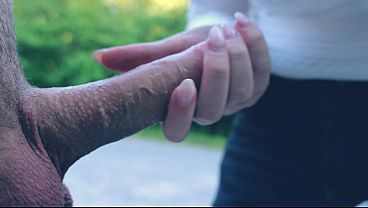Public Parking Lot Handjob Gone Wild: Wet & sloppy Handjob leads to massive Tit Cumshot