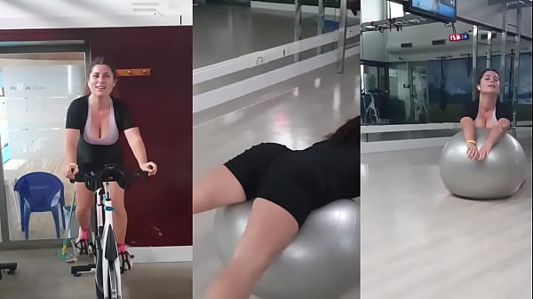 Hot Teen with Big Tits and Perfect Ass in the Gym warming up for Sex in Doggy. Huge Cum on Asshole