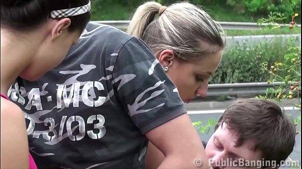 2 guys fuck 2 girls with one fat girl with very big tits by a highway bridge