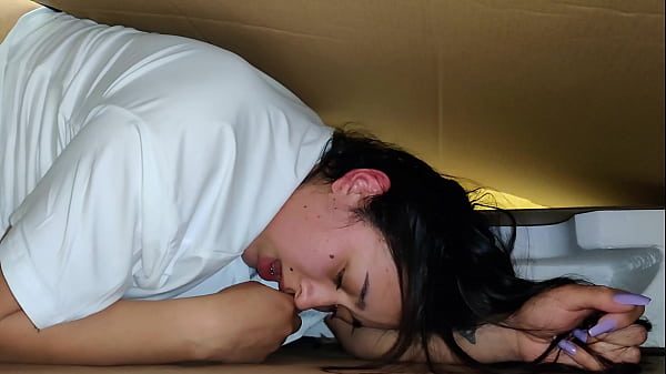 Stepsister receives anal internal cumshot through a hole in a box