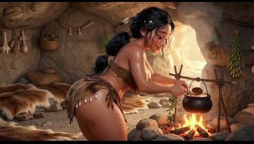 Stone Age Heat Sweaty Cavewife Cleans Bare and Welcomes Husband Home Passionately (AI generated)