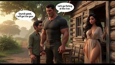 The husband secretly watches his wife sharing intense encounter with tall protector at the family farm (AI generated)
