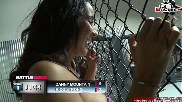 Brunette slut with big tits fucking a boxer in the ring