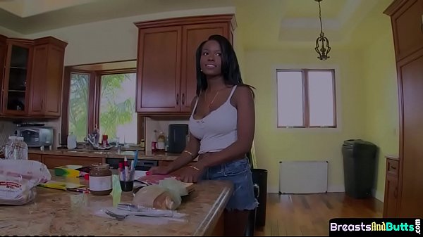 Busty ebony beauty deepthroating huge cock