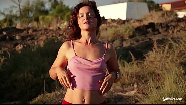 Beautiful girl on a camper site teased him