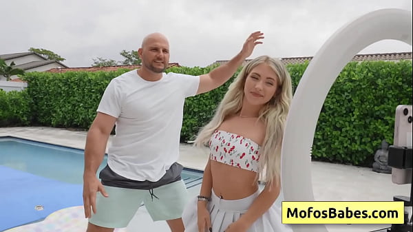 Petite blondie teen get her juicy ass spanked by the pool and prepare for a deep fuck - Emma Bugg, JMac