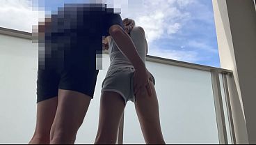 Uncensored, privately filmed, amateur, user-submitted: Cumming inside my wife in shorts on the balcony.