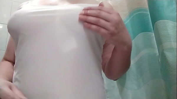 MILF plays with my big tits in the bathroom! My nipples are so hard - solo nipple masturbation and real female orgasm