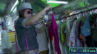 Tongue pierced tiny Thai MILF gets picked up by two foreigners